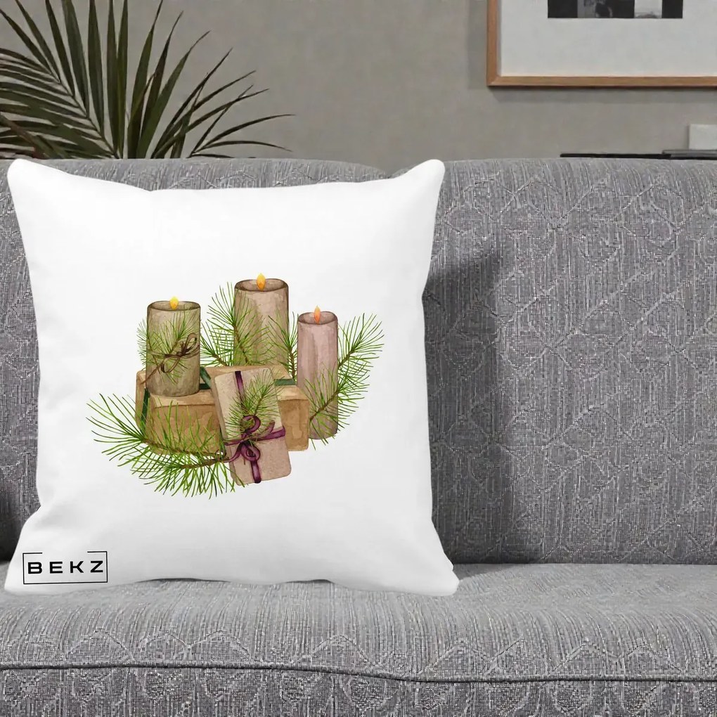 Perna Decorativa Lumanari cu Cadouri Naturale, 40x40 cm, Alba Mata, Husa Detasabila, Perna Inclusa, BEKZ®