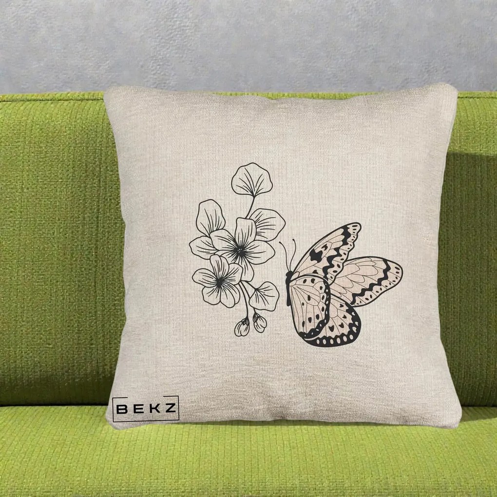 Perna Decorativa Fluture si Flori Linie Monocroma, 40x40 cm, Bej Canapea, Husa Detasabila, Perna Inclusa, BEKZ®