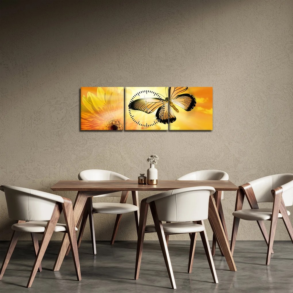Tablou - Fluture galben cu flori (cu ceas) (90x30 cm)