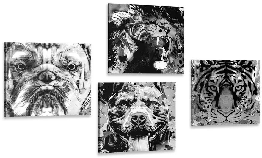 Set tablouri animale în design alb-negru de stil pop art