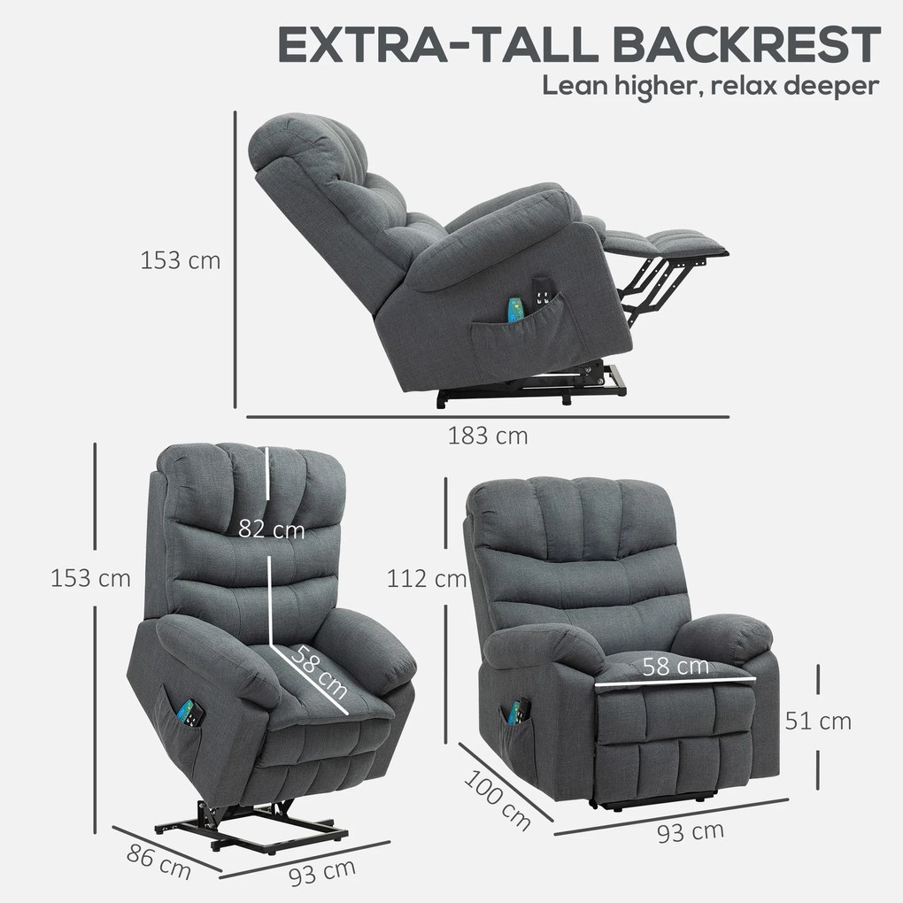 HOMCOM Fotoliu de ridicare, fotoliu electric de relaxare cu funcție de masaj, fotoliu capitonat cu funcție de ridicare, oțel, material textil, Gri | Aosom Romania