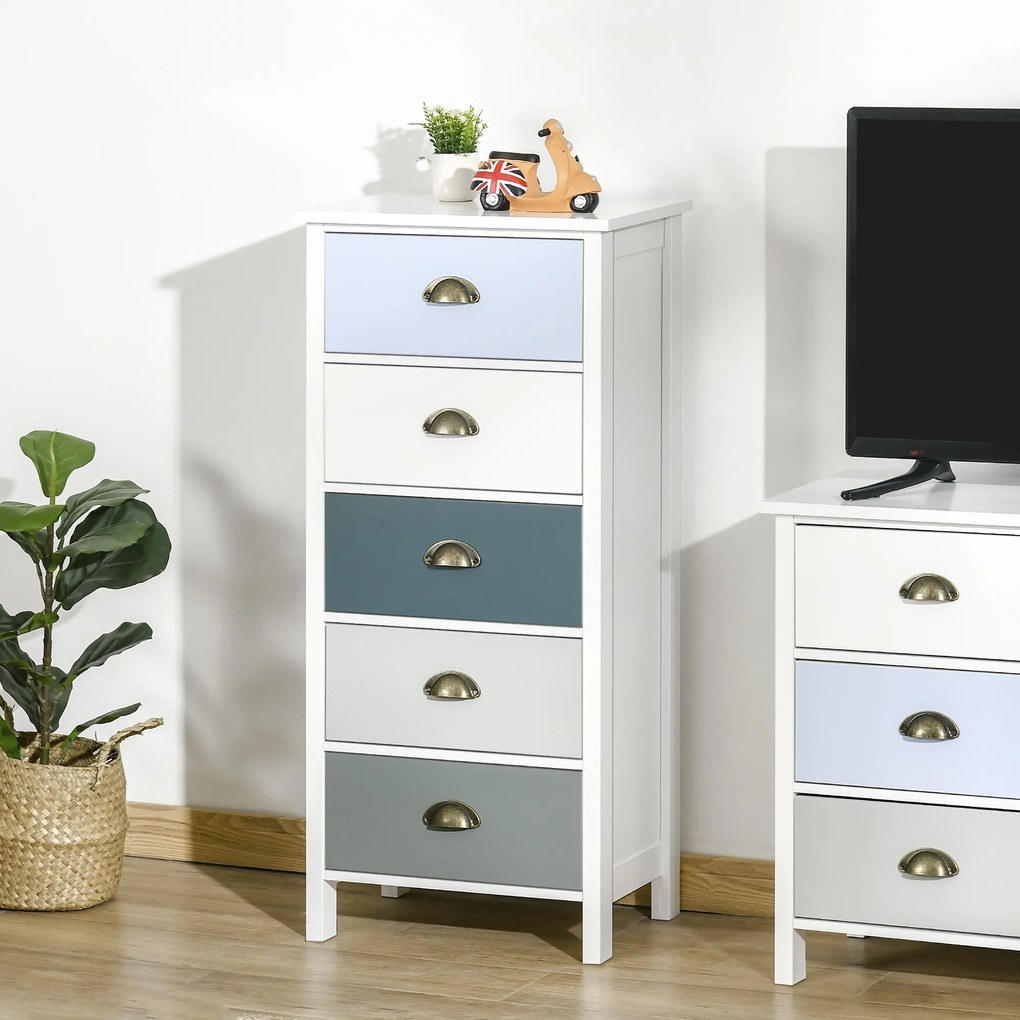 HOMCOM Chiffonnier comodă mobilier de depozitare 5 sertare multicolore cu mânere metal cochilie MDF - dim. 45L x 30l x 95,4H cm | Aosom Romania