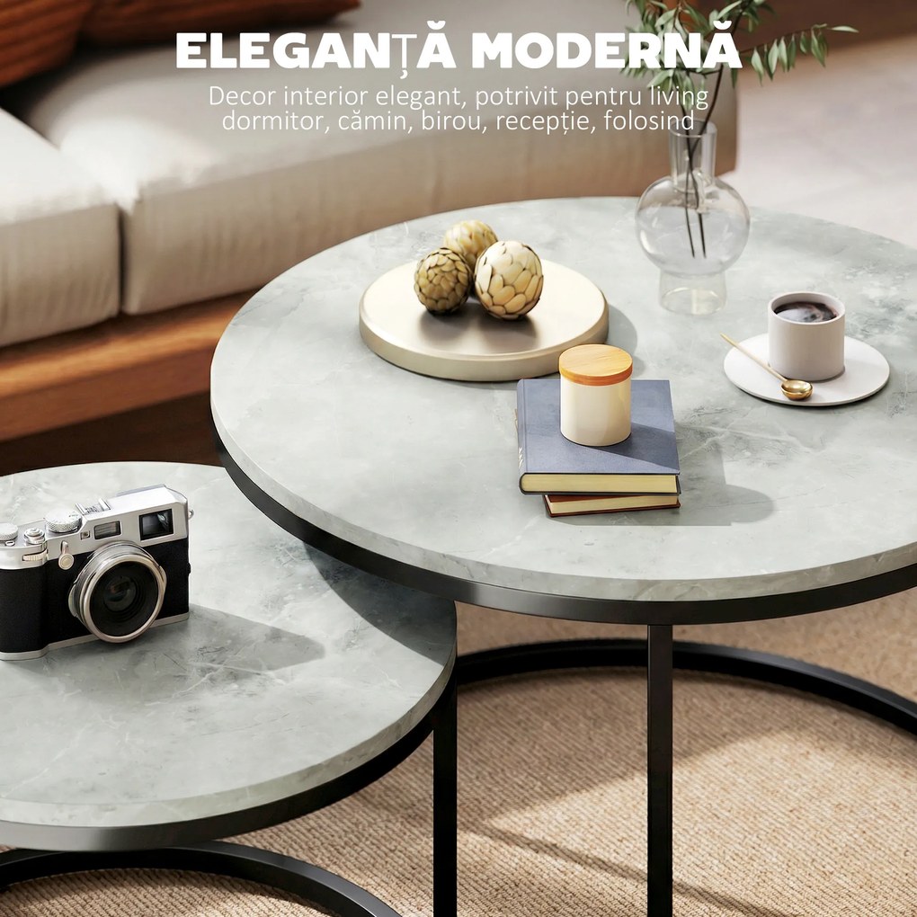 HOMCOM Set 2 măsuțe de cafea moderne, suprapuse, rotunde, gri marmorat | Aosom Romania