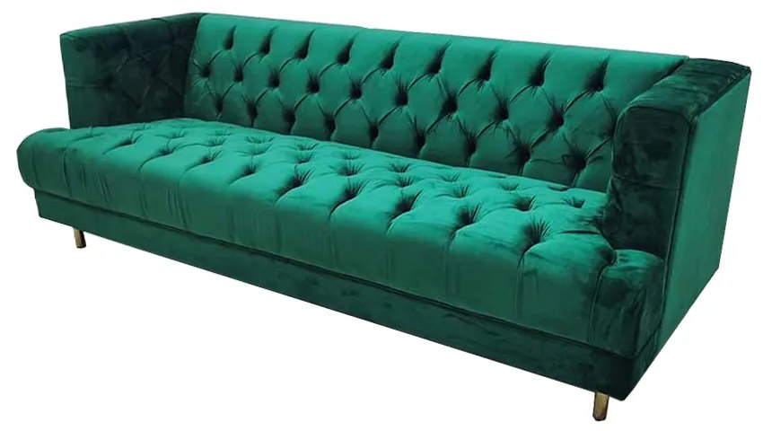 CANAPEA CATIFEA LUX CHESTERFIELD, 210X88X75 CM, CULOARE VERDE SMARALD, SEZUT SPUMA, CADRU LEMN, PICIOARE METAL AURIU