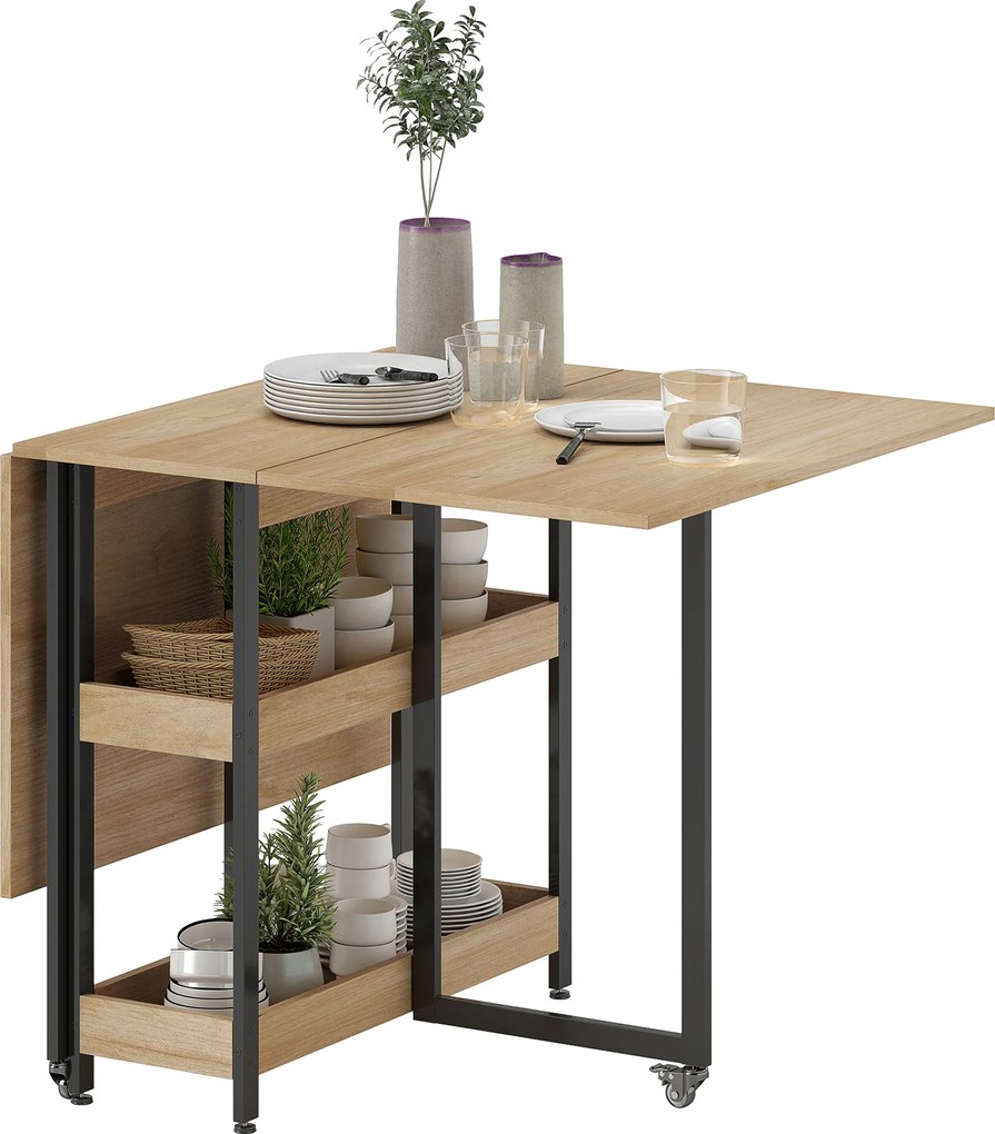 HOMCOM Masă de sufragerie pliabilă pe roți 4 persoane cu compartimente deschise, pentru spații mici, sufragerie, stejar | Aosom Romania