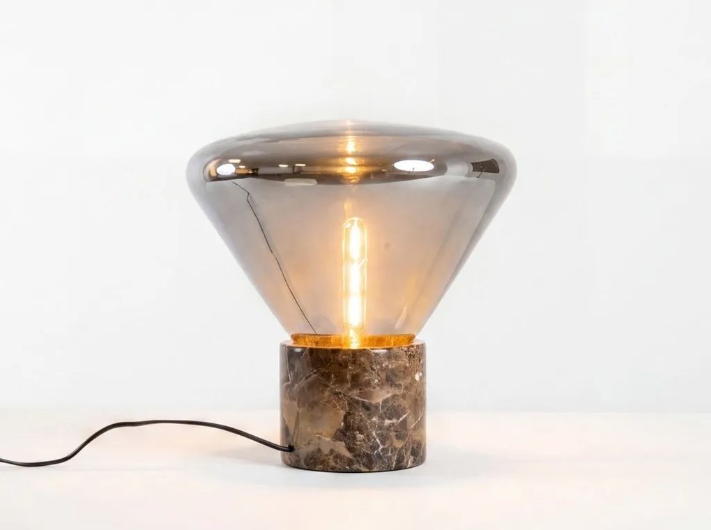 Lampa de masa din sticla fumurie si marmura portelanata maro
