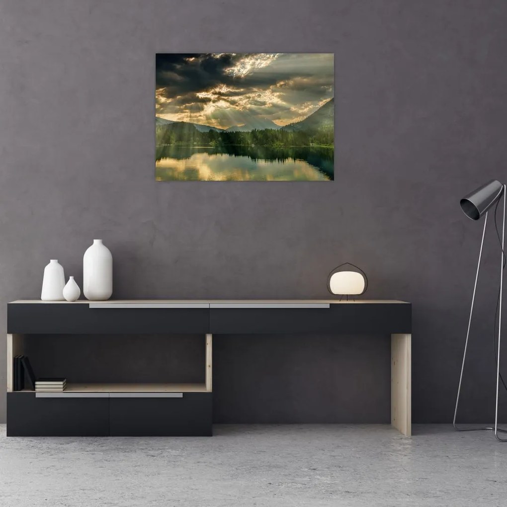 Tablou cu lac și soarele translucid (70x50 cm)