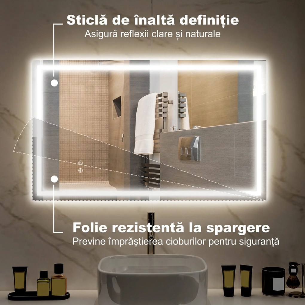 HOMCOM Oglindă de Baie Iluminată cu Lumini LED Reglabile și Strat Anti-Condens, 100x60 cm, Transparent | Aosom Romania