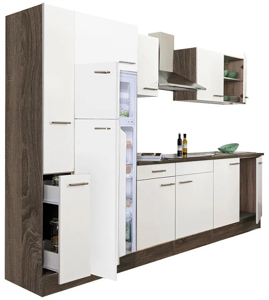 Mobilier de bucătărie Yorki 300, corp din stejar Yorki, față alb satinat, frigider cu congelator superior