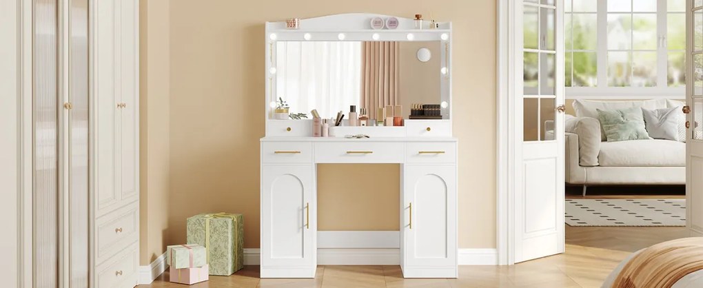 Masuta machiaj cu Oglinda LED si 5 Sertare pentru Cosmetice, Set Masa toaleta 108 cm, Alb, masuta cosmetica, vanity - SEA911