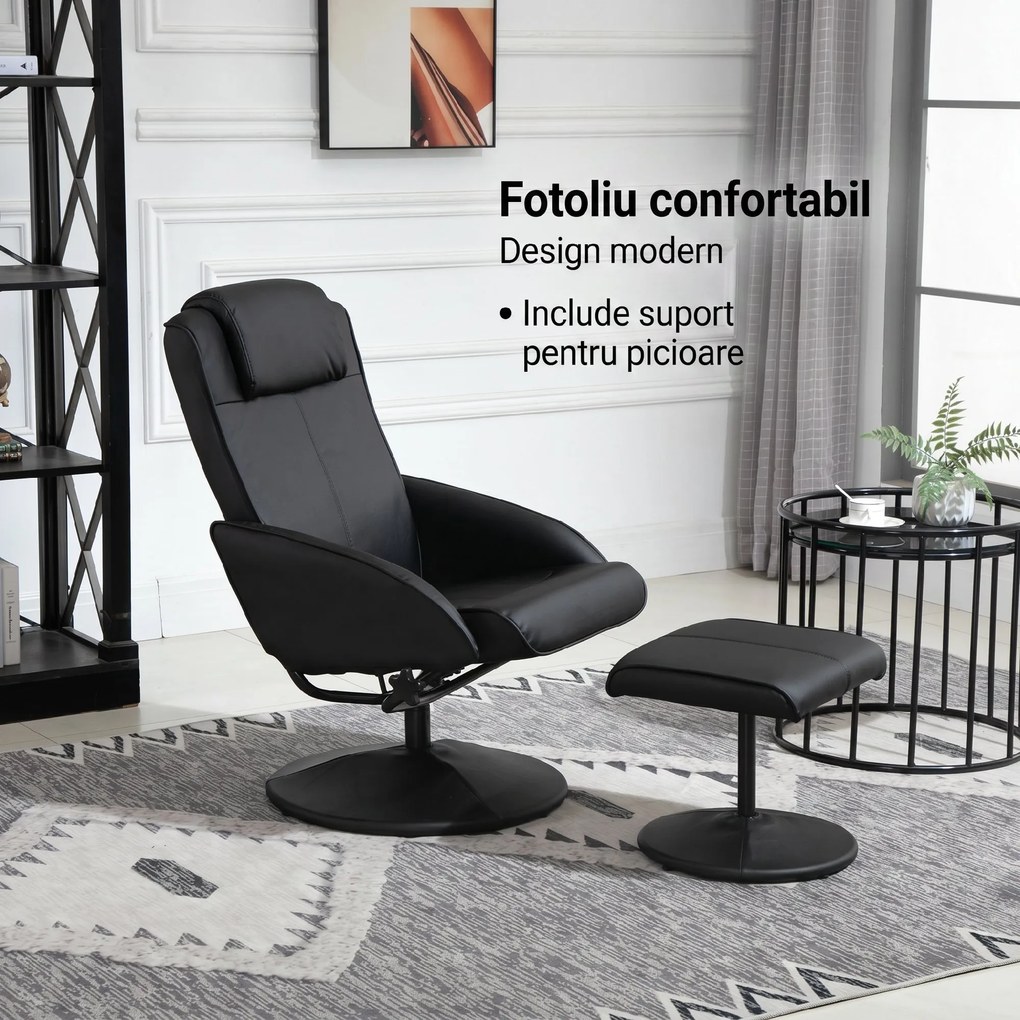 HOMCOM Fotoliu reclinabil de relaxare cu otoman pentru picioare si tapiterie din piele artificiala, 71x78x101cm, negru | Aosom Romania