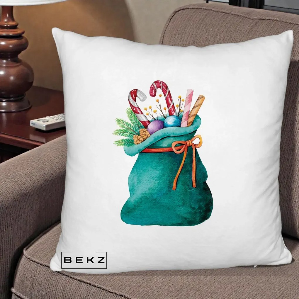 Perna Decorativa Saculet Cadouri Mos Craciun Acuarela Verde, 40x40 cm, Alb Pufos, Husa Detasabila, Perna Inclusa, BEKZ®