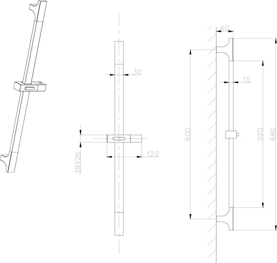 Tijă de duș argintiu-lucios de montat pe perete din oțel inoxidabil 68 cm cu suport glisant – Sapho