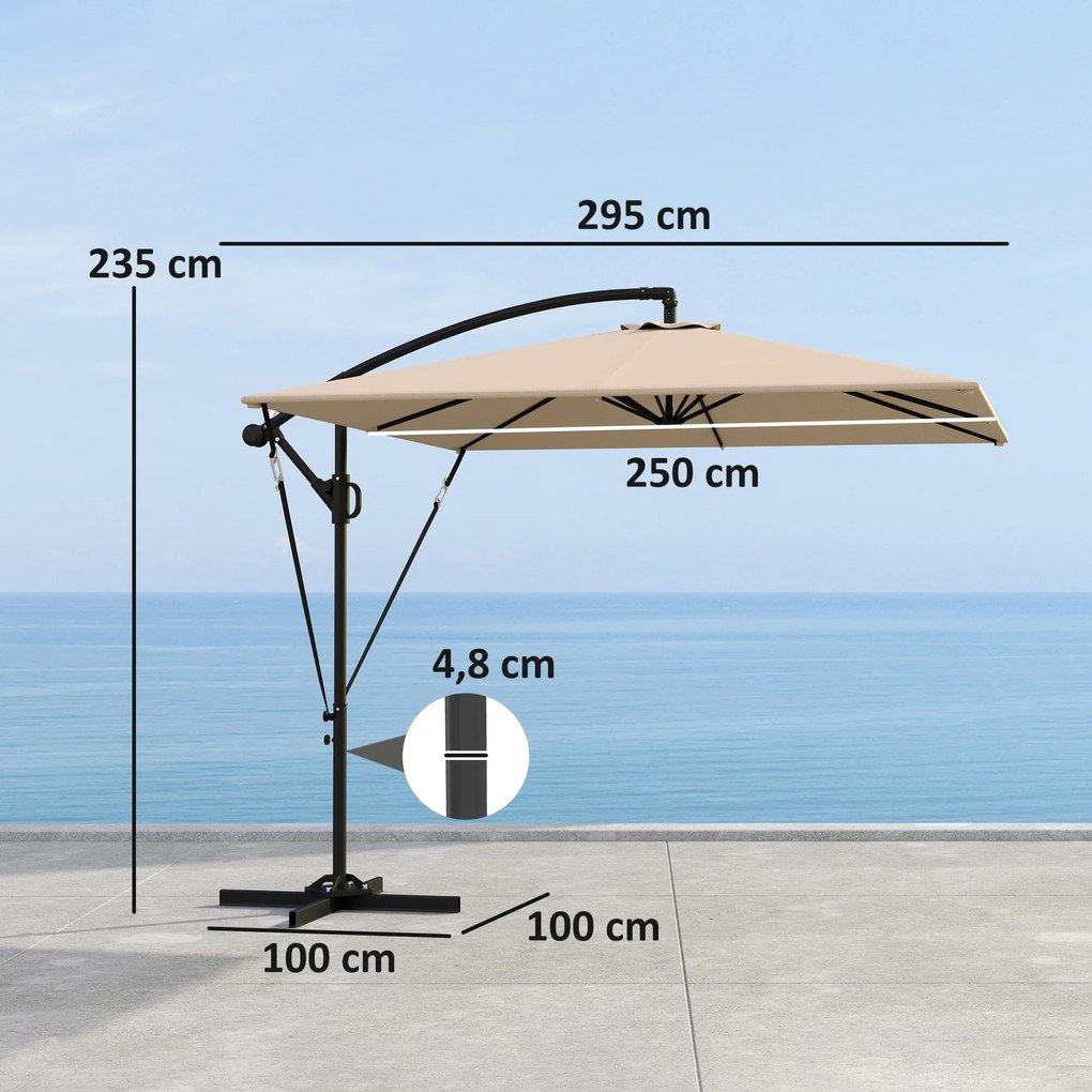Outsunny Umbrelă Suspendată 2.5x2.5 m cu Acoperire, Corzi Antivânt, Bază în Cruce și Manivelă, Umbrelă de Grădină Inclinabilă și Rotativă 360° din Metal și Poliester 180 g/m², UV50+, Gri | Aosom Romania