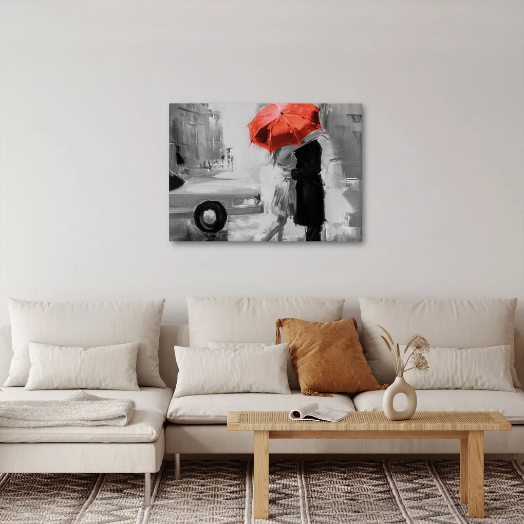 Tablou - Cuplu în dragoste sub o umbrelă, roșu (70x50 cm)