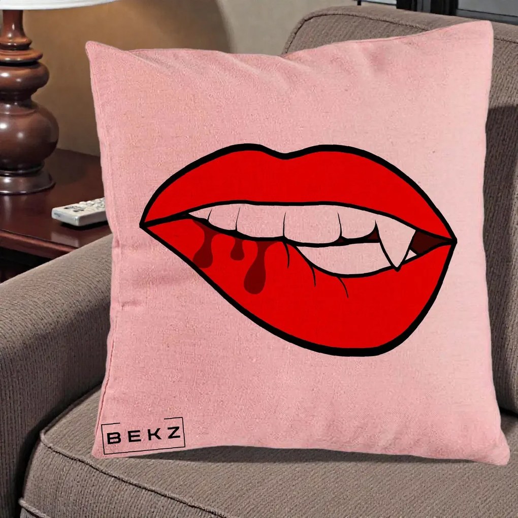 Perna Decorativa Vampire Lips Halloween, 40x40 cm, Roz, Husa Detasabila, Perna Inclusa, BEKZ®