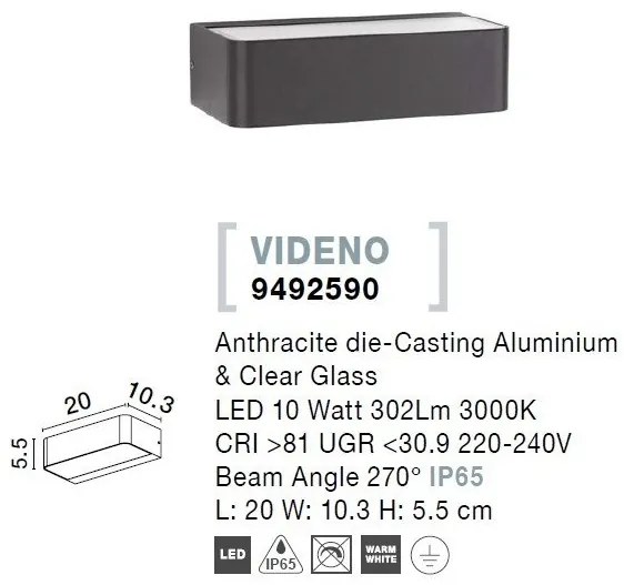 Aplica LED de perete pentru iluminat exterior IP65 VIDENO