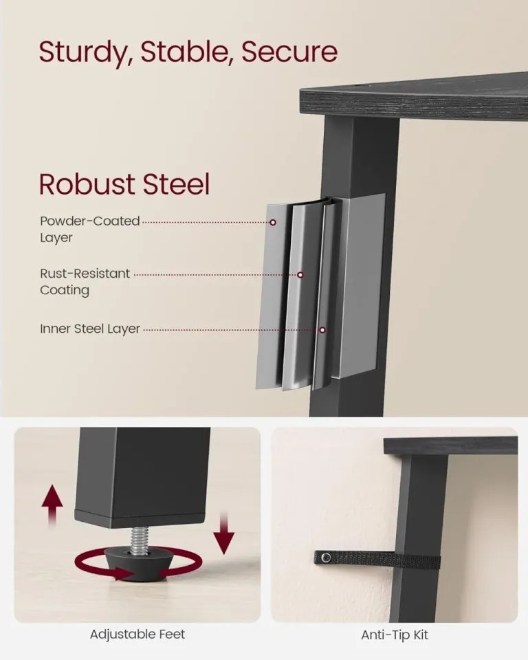 Etajera de colt, 33,4 x 33,4 x 125 cm, metal / PAL, negru, Vasagle