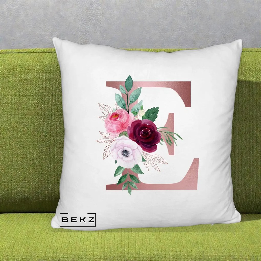 Cadou Personalizat - Perna Personalizata Monograma Rose Gold Litera E, 40x40 cm, Alb Pufos, Husa Detasabila, Perna Inclusa, BEKZ®