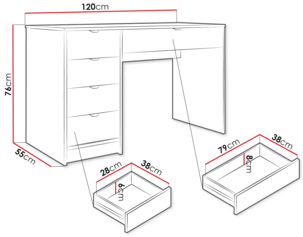 BIA4 - Birou 120 cm, masa de calculator cu 5 sertare, office - Alb / Negru / Crem cu Riflaje
