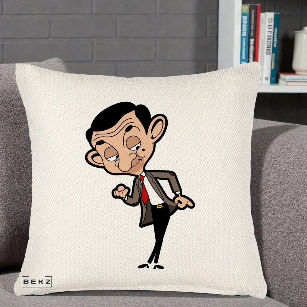 Perna Personalizata Mr. Bean Caricatura, 40x40 cm, Crem Reliefat, Husa Detasabila, Perna Inclusa, BEKZ®