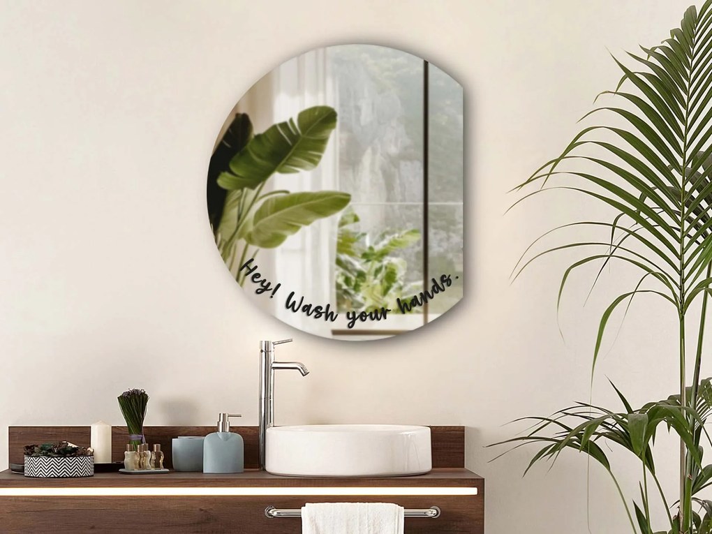 Autocolant pentru oglindă S47 – Hey! Wash your hands. (round)