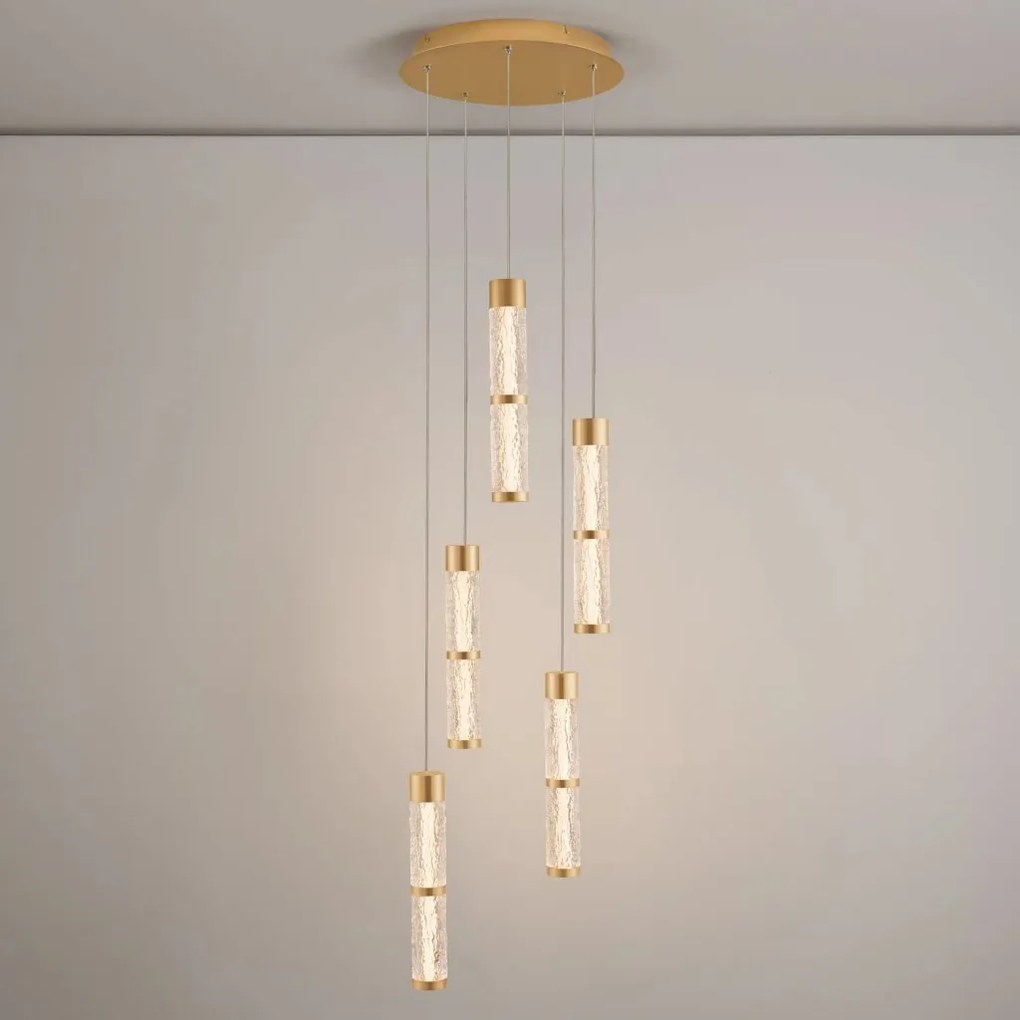 Lustra cu 5 pendule LED alama aurie DECORO
