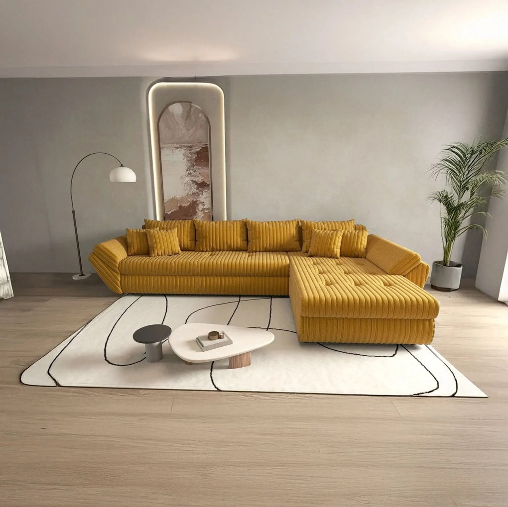 Colțar extensibil dumonde cu ladă de depozitare si sezut confortabil din spuma high-density, Loana XL Zoom Mustar II 335x185 cm