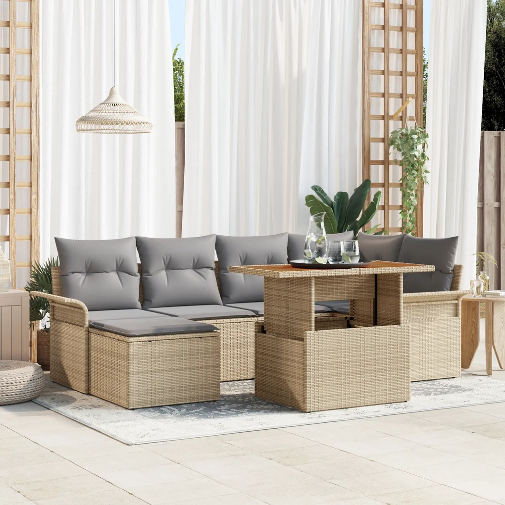 vidaXL Set de dining pentru grădină, 7 piese, cu perne, bej, din rattan poli și acacia.