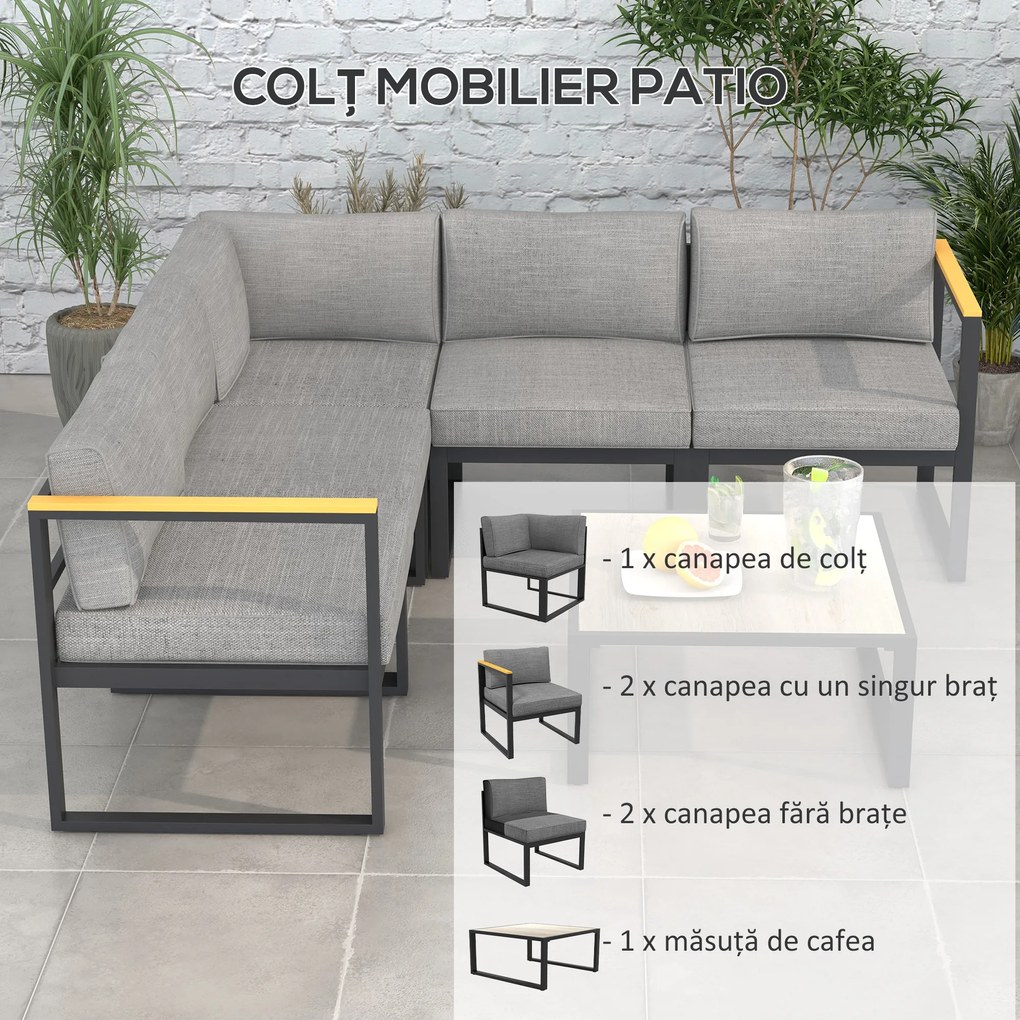 Outsunny Set de Mobilier de Grădină din 6 Piese, Set de Exterior cu Masă și Canapea cu cadru din Aluminiu cu Cotiere, 65x65x31 cm, Gri | Aosom Romania