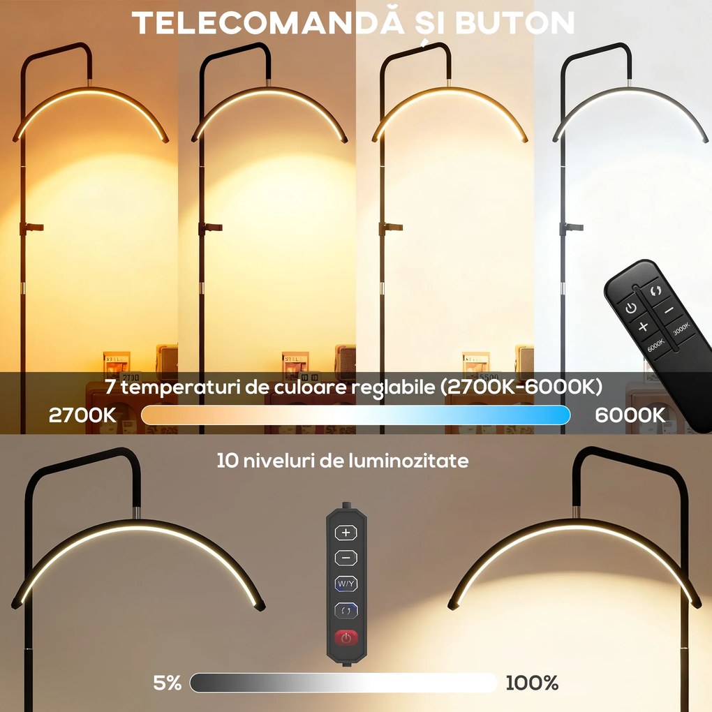 HOMCOM Lampă de Podea LED cu Cap Semilună, Înălțime și Temperatură de Culoare Reglabile, Telecomandă, Negru | Aosom Romania