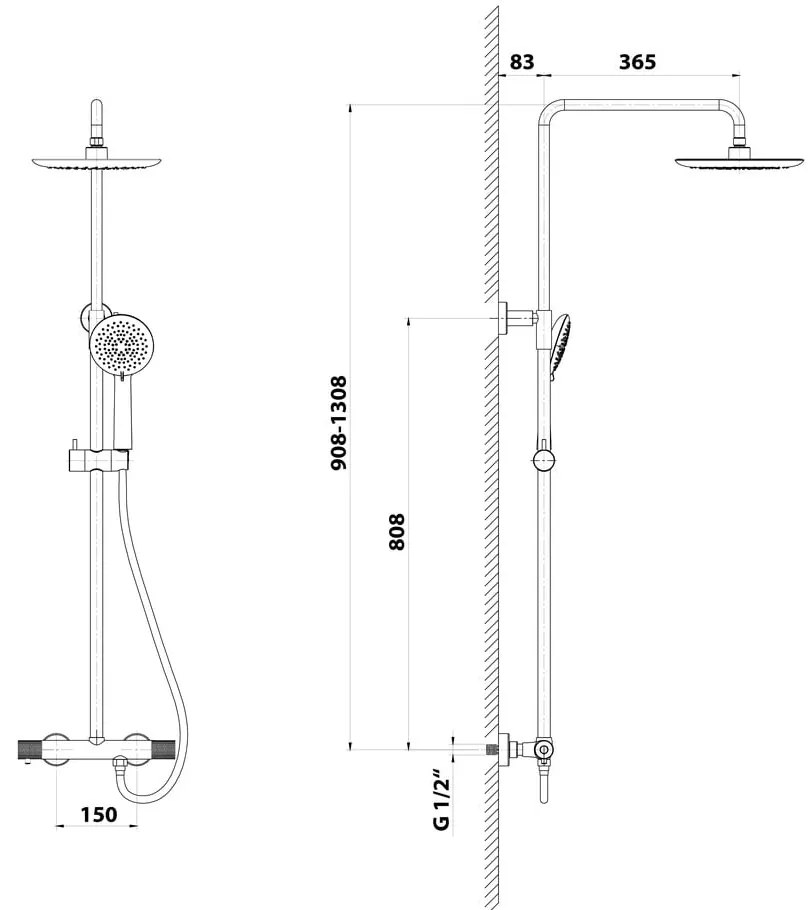 Set de duș argintiu lucios din alamă 131 cm cu robinet termostatic cu duș suspendat/cu duș de mână Solaris – Sapho
