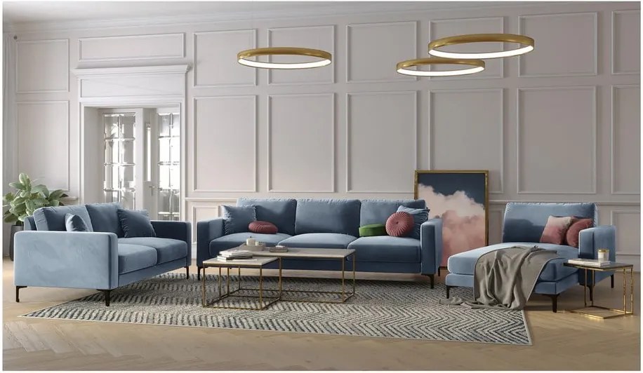 Șezlong cu tapițerie din catifea Kooko Home Harmony, colț pe dreapta, albastru deschis