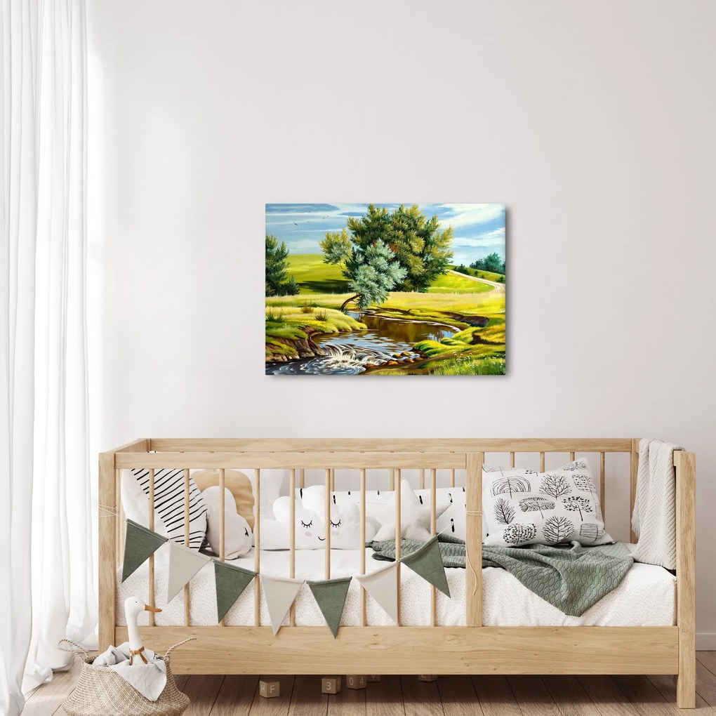 Tablou - Râu între câmpii, pictură în ulei (70x50 cm)