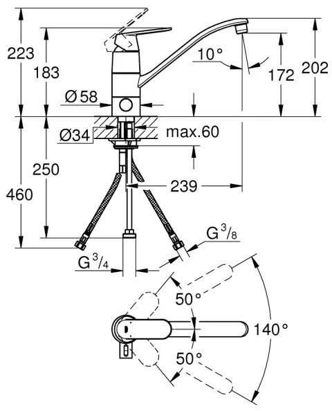 GROHE 31161000 - Baterie pentru chiuvetă EUROSMART COSMOPOLITAN, 140°, crom lucios