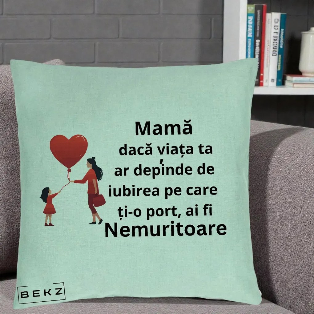 Cadou pentru Mama - Perna Personalizata Mama Nemuritoare cu Bebelus Kawaii, 40x40 cm, Verde Menta, Husa Detasabila, Perna Inclusa, BEKZ®