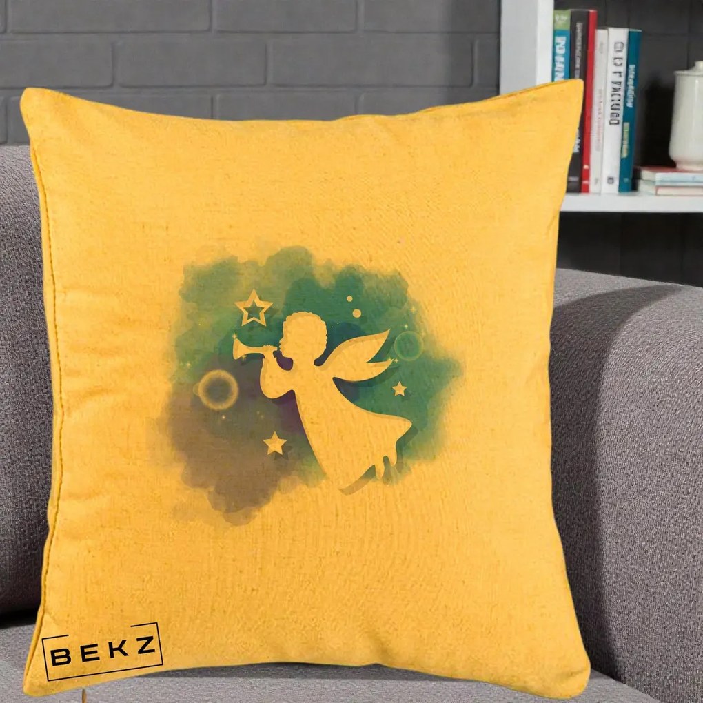 Perna Decorativa Inger cu Trompeta Albastru, 40x40 cm, Galben, Husa Detasabila, Perna Inclusa, BEKZ®
