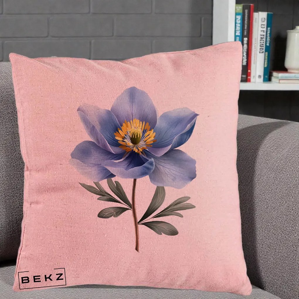 Perna Decorativa Anemona Albastra Botanica, 40x40 cm, Roz, Husa Detasabila, Perna Inclusa, BEKZ®