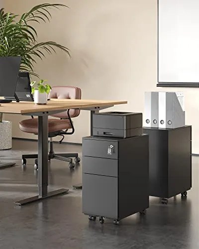 Corp mobil de birou / rollbox cu 3 sertare si cheie, metal, negru, Songmics