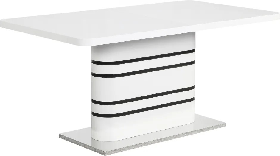 Masă dining extensibilă, alb HG extra lucios/dungi negre, 160-200x90 cm, TUBAL