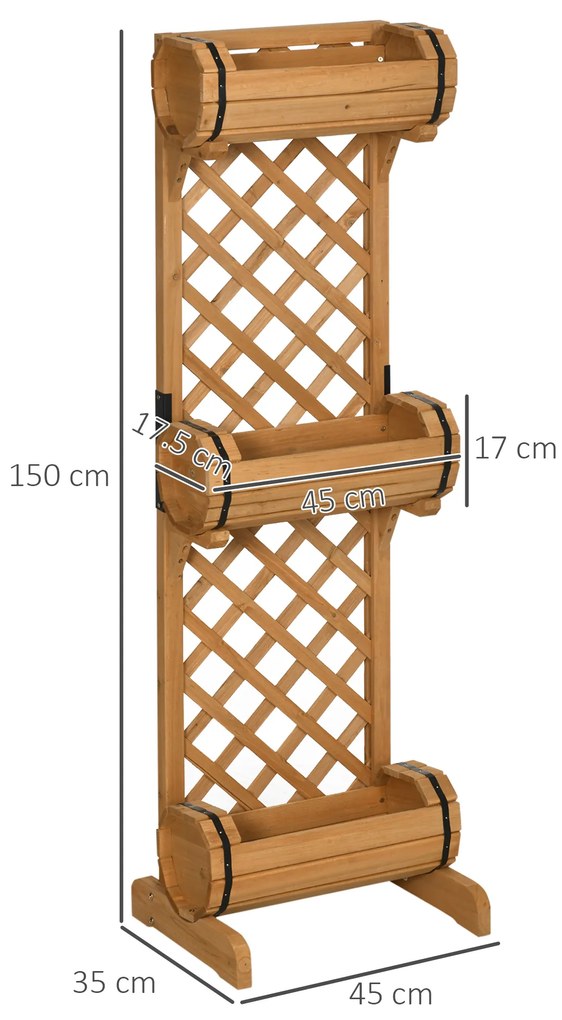 Jardiniera cu 3 ghivece Outsunny, forma de butoi, lemn de brad maro, 45x35x150cm | Aosom RO