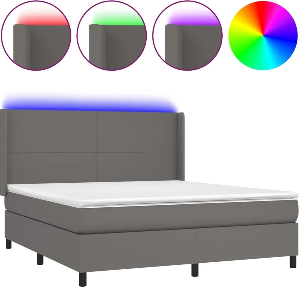 vidaXL Pat cu arcuri, cu saltea și LED, gri, 160x200 cm, piele eco