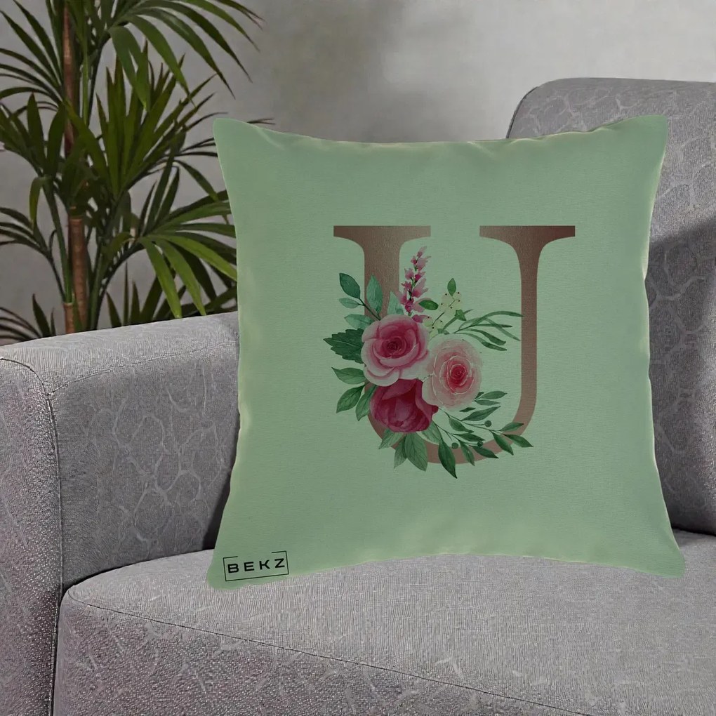 Cadou Personalizat - Perna Personalizata Monograma Rose Gold Litera U, 40x40 cm, Verde, Husa Detasabila, Perna Inclusa, BEKZ®