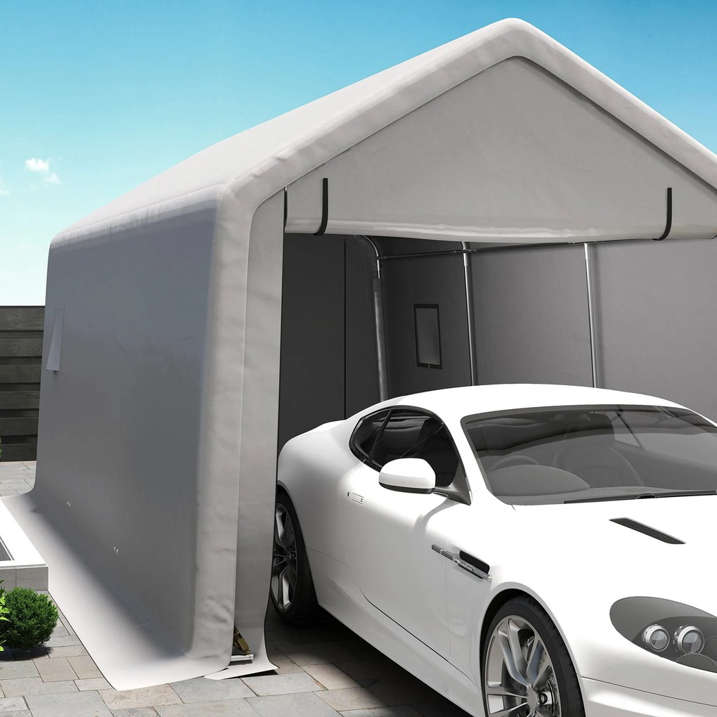 Outsunny Carport cort garaj 3 x 5,2 m, abriu mașină exterior carport pentru mașină cu ușă ruletă detașabilă gri | Aosom Romania