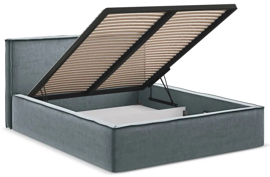 Pat matrimonial albastru deschis tapițat cu spațiu de depozitare cu somieră 180x200 cm Anani – Makamii