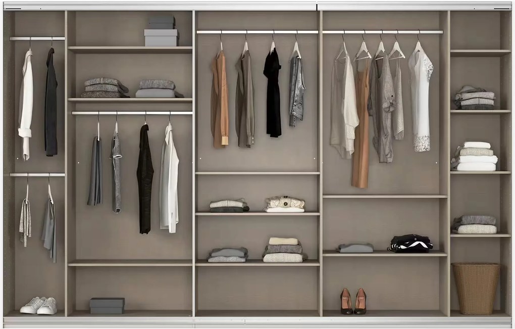 Dressing 360 cm lățime, 3 uși glisante, oglindă pe mijloc, culoare albă, material PAL, compartimentare premium, înălțime 229 cm