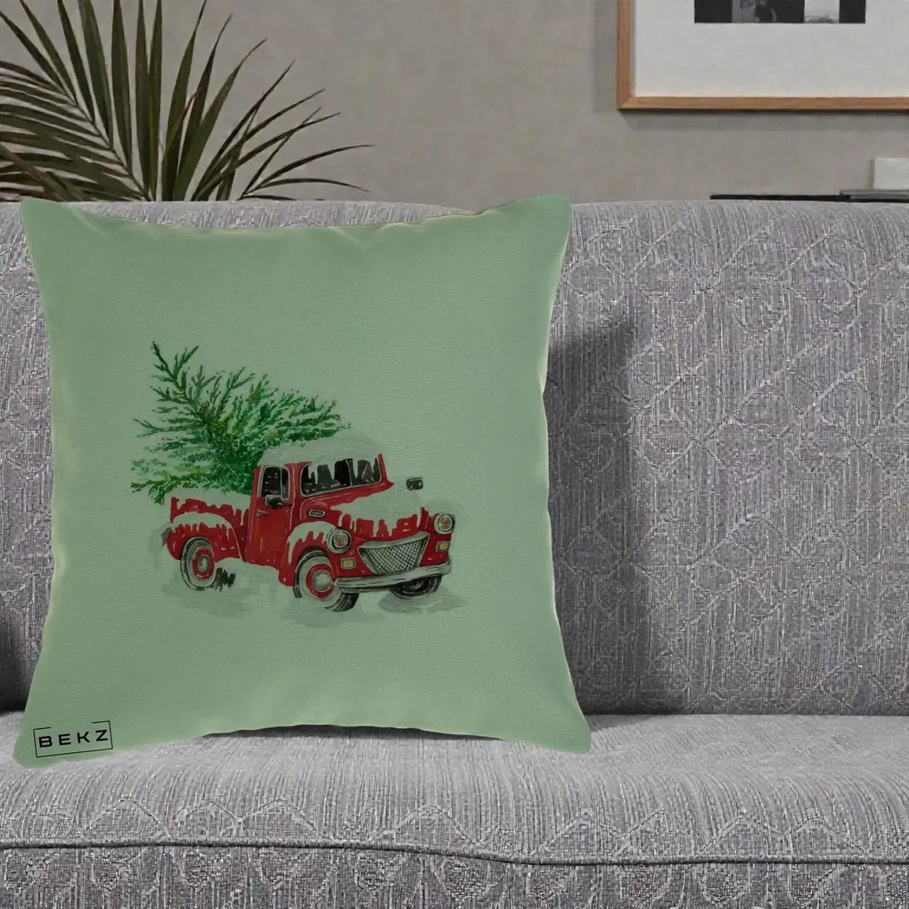 Perna Decorativa Camioneta Rosie Brad de Craciun, 40x40 cm, Verde, Husa Detasabila, Perna Inclusa, BEKZ®