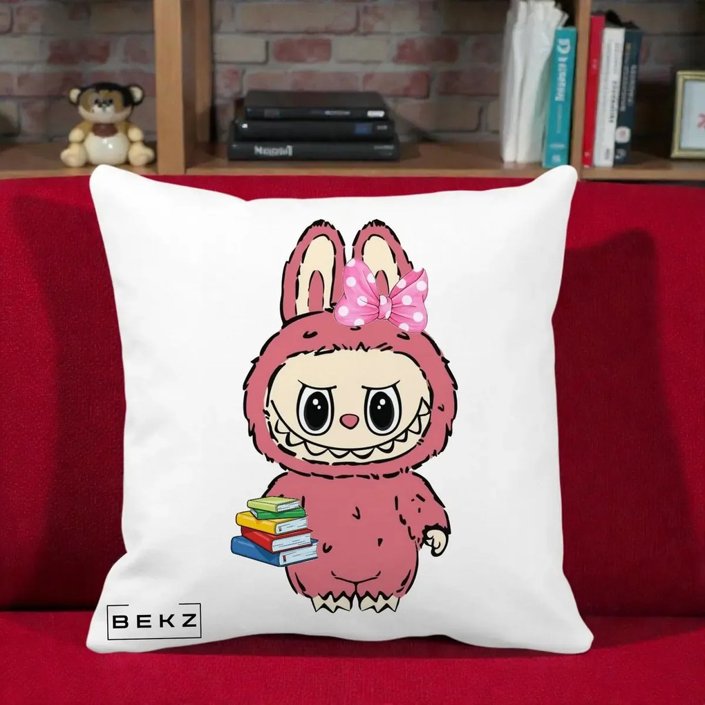 Perna Personalizata Labubu Roz cu Funda si Carti, 40x40 cm, Alba Mata, Husa Detasabila, Perna Inclusa, BEKZ®