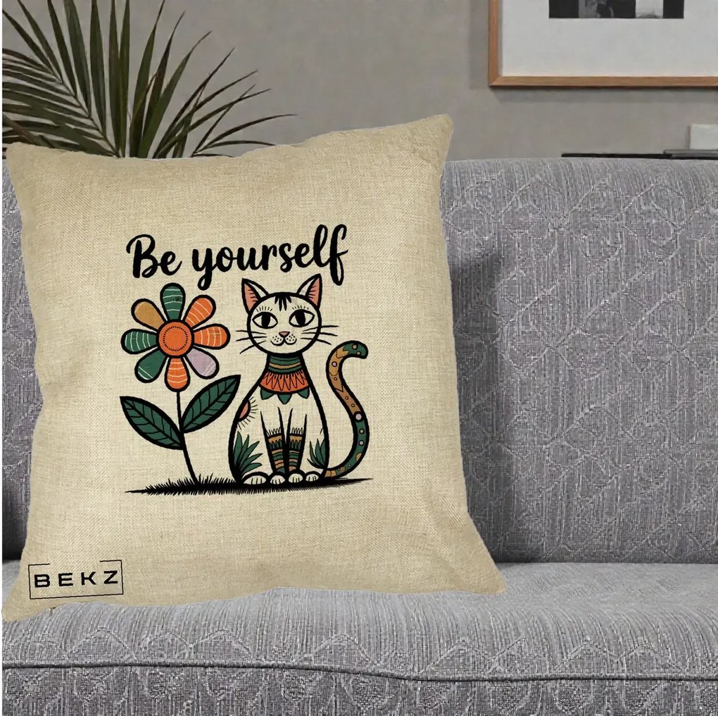 Perna Personalizata Be Yourself Pisica Folk, 40x40 cm, Crem, Husa Detasabila, Perna Inclusa, BEKZ®