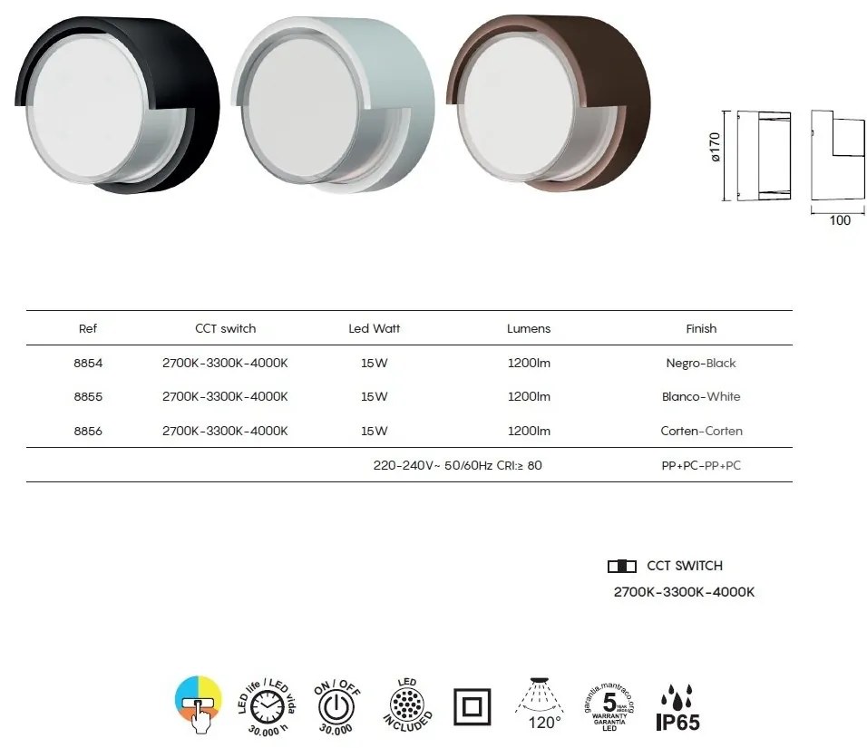 Aplica LED CCT pentru exterior IP65 CREEK diametru 17cm, negru MA-8854